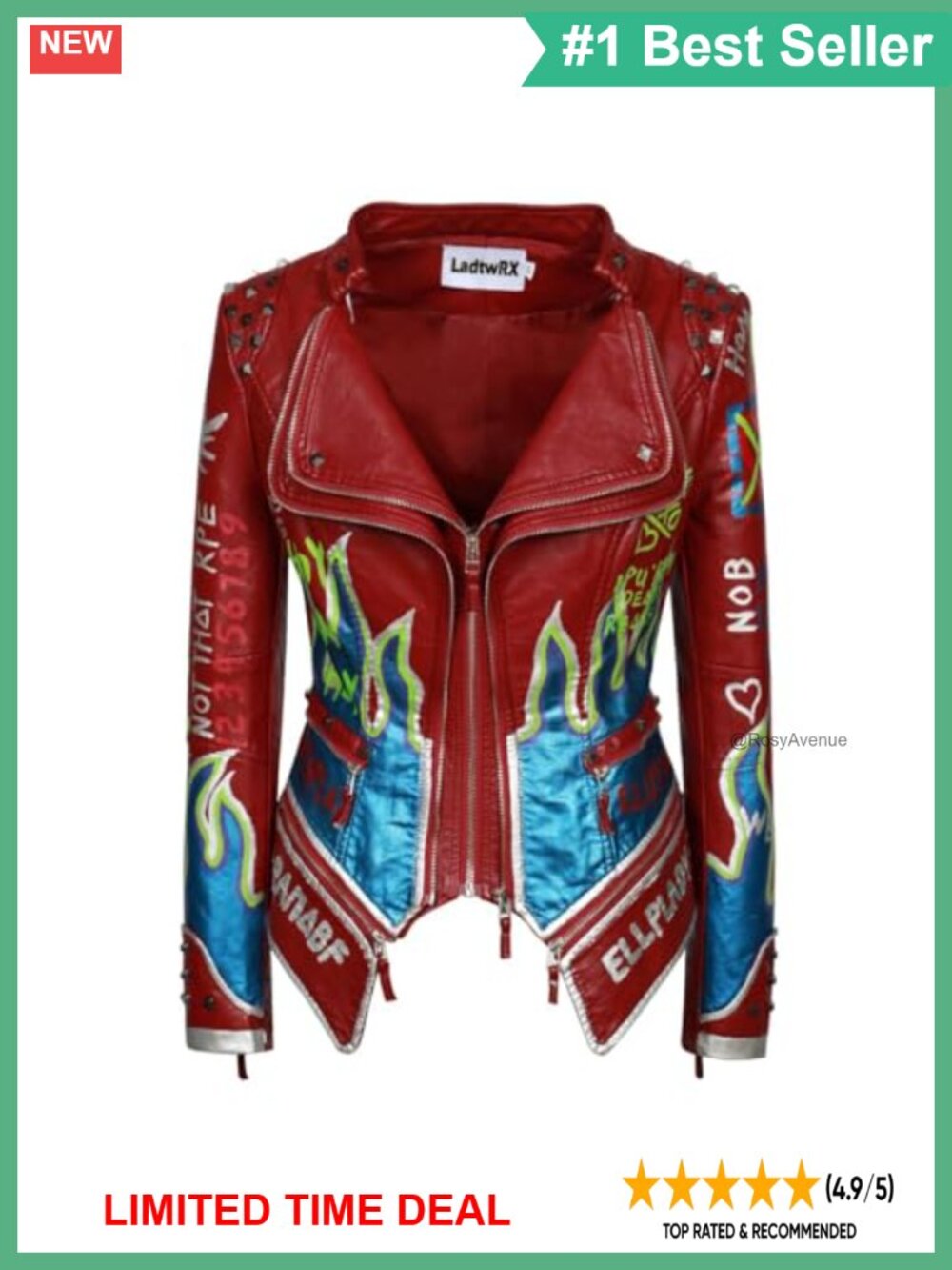 Faux Leather Studded Moto Jacket Hand Painted Graffiti Pu Coat